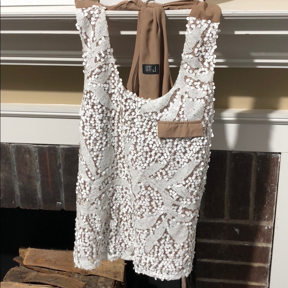 Very J Medium Tank Top. Beige Back. White front.